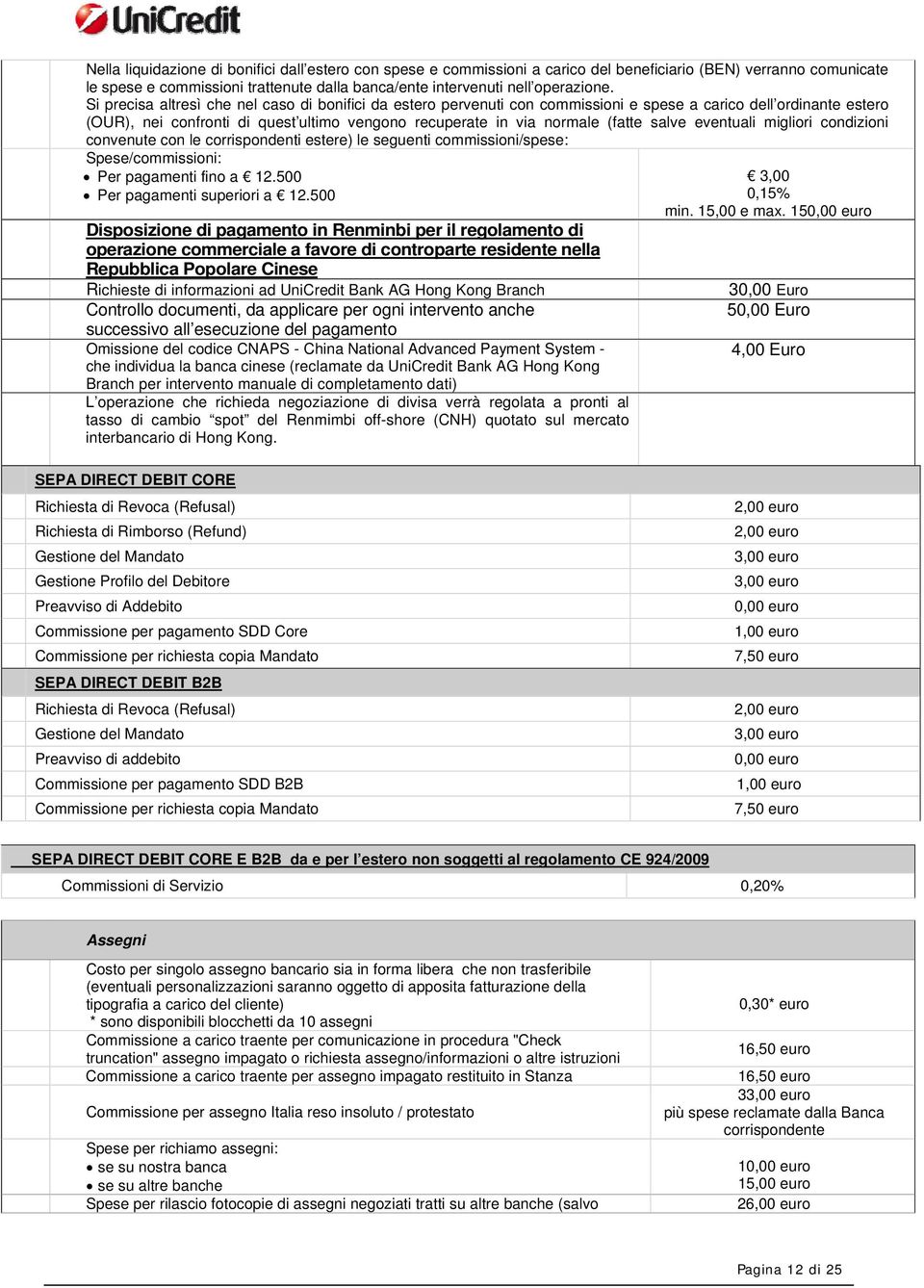 salve eventuali migliori condizioni convenute con le corrispondenti estere) le seguenti commissioni/spese: Spese/commissioni: Per pagamenti fino a 12.500 Per pagamenti superiori a 12.