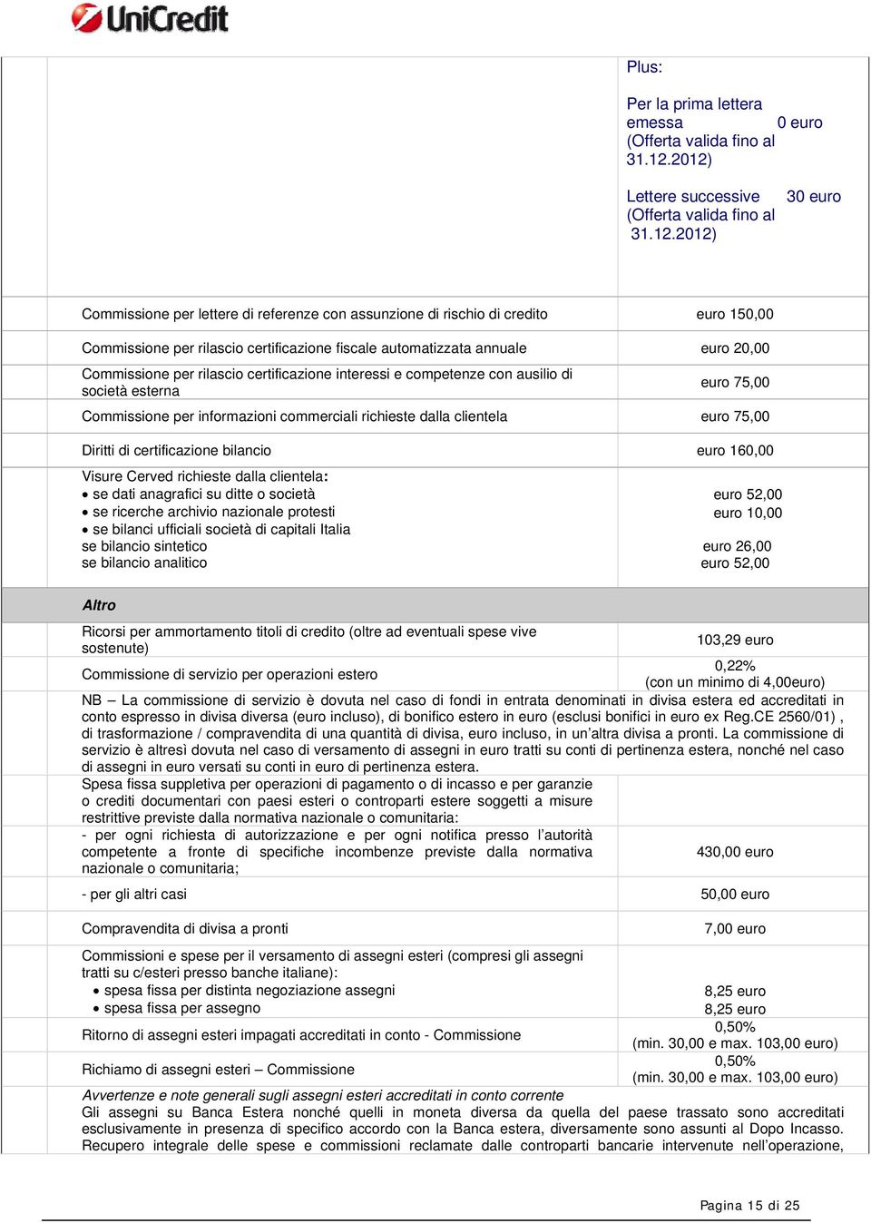 fiscale automatizzata annuale euro 20,00 Commissione per rilascio certificazione interessi e competenze con ausilio di società esterna euro 75,00 Commissione per informazioni commerciali richieste