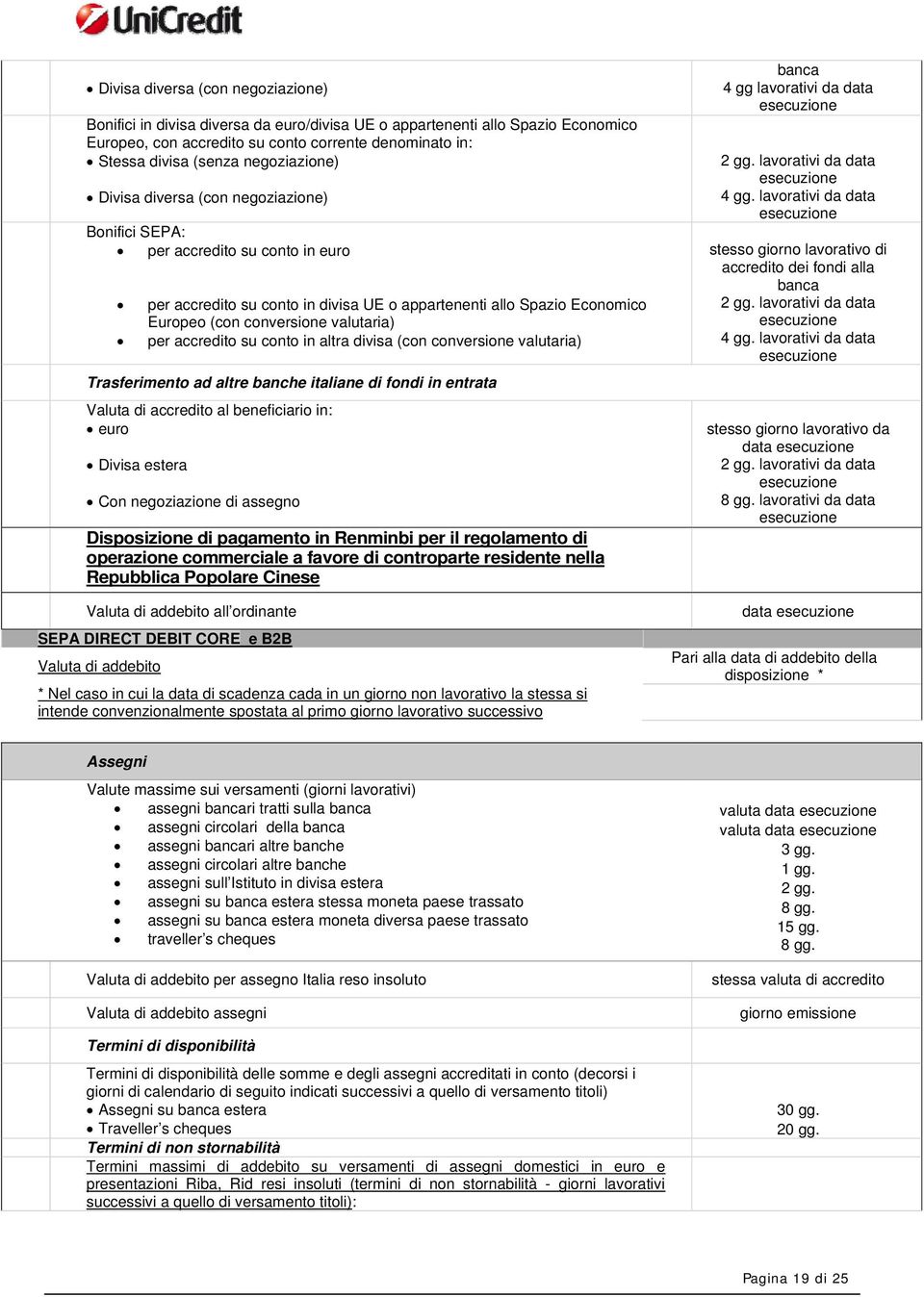 valutaria) per accredito su conto in altra divisa (con conversione valutaria) Trasferimento ad altre banche italiane di fondi in entrata Valuta di accredito al beneficiario in: euro Divisa estera Con