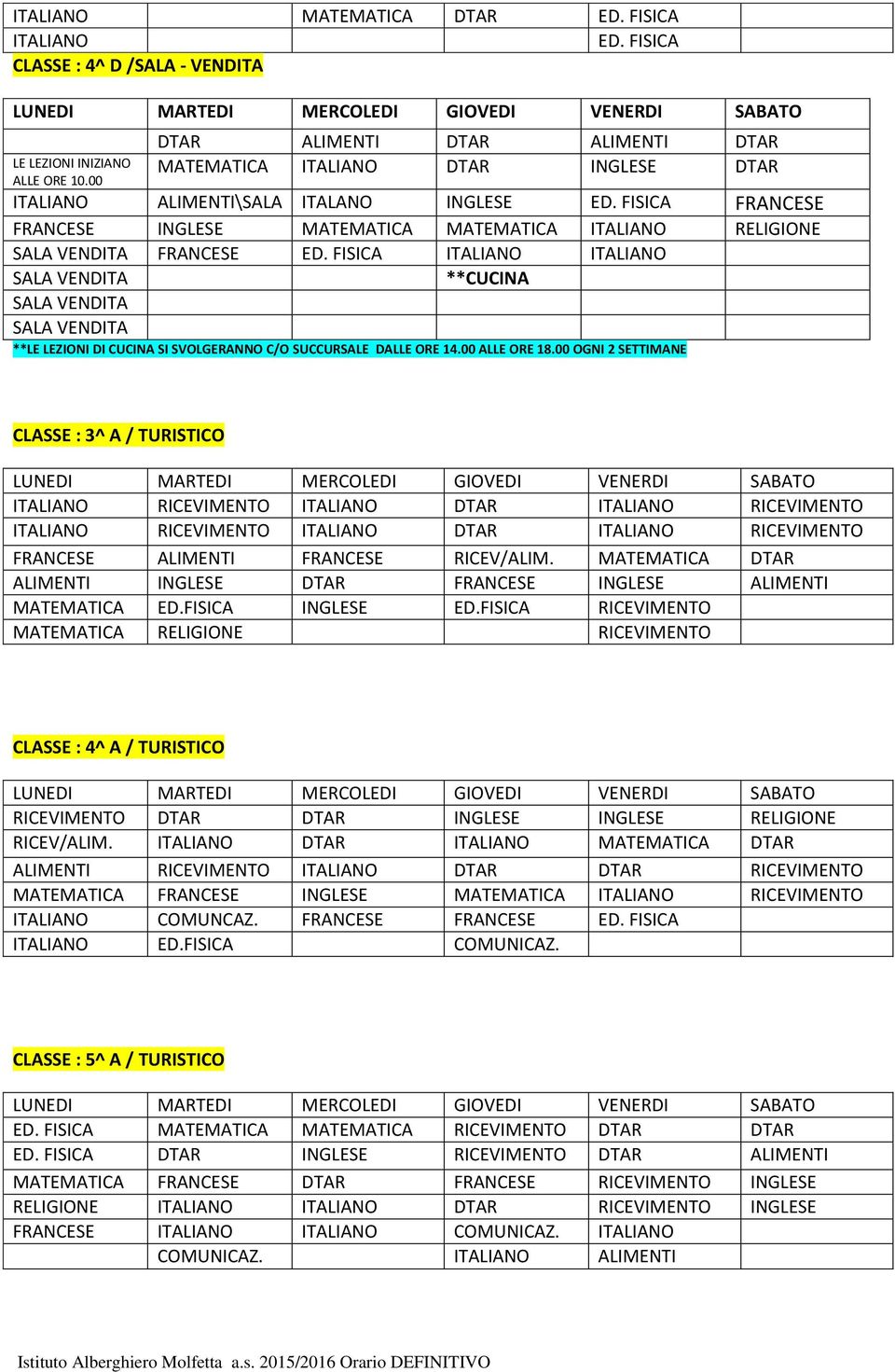 FISICA ITALIANO ITALIANO SALA VENDITA **CUCINA SALA VENDITA SALA VENDITA **LE LEZIONI DI CUCINA SI SVOLGERANNO C/O SUCCURSALE DALLE ORE 14.00 ALLE ORE 18.