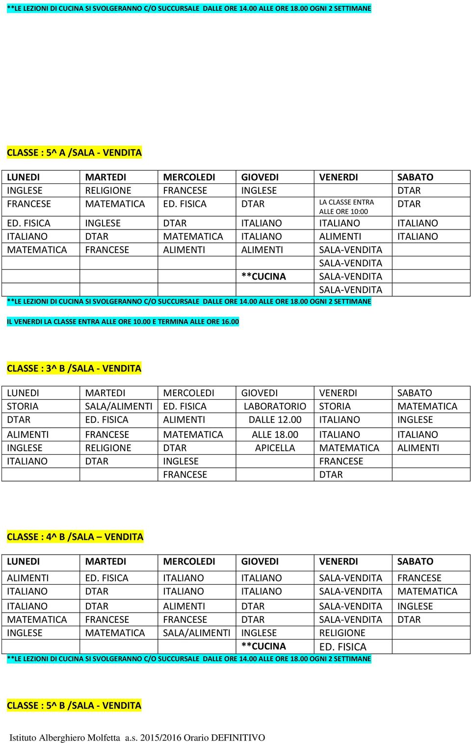 FISICA INGLESE ITALIANO ITALIANO ITALIANO ITALIANO MATEMATICA ITALIANO ALIMENTI ITALIANO MATEMATICA FRANCESE ALIMENTI ALIMENTI SALA-VENDITA SALA-VENDITA **CUCINA SALA-VENDITA SALA-VENDITA **LE