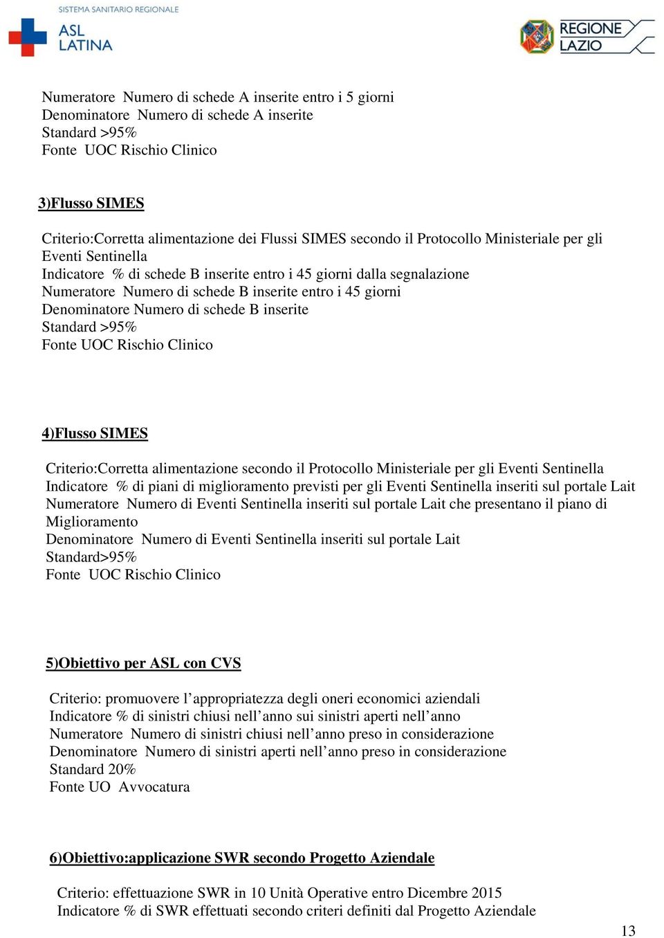 Denominatore Numero di schede B inserite Standard >95% Fonte UOC Rischio Clinico 4)Flusso SIMES Criterio:Corretta alimentazione secondo il Protocollo Ministeriale per gli Eventi Sentinella Indicatore