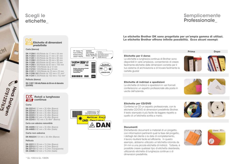 1000/Rotolo da 23 mm x 23 mm DK-11240 600/Rotolo da 102 mm x 51 mm* DK-11241 200/Rotolo da 102 mm x 152 mm* Pellicola (bianca) DK-11207 100 etic/rotolo da 58 mm di diametro (CD/DVD) Rotoli a