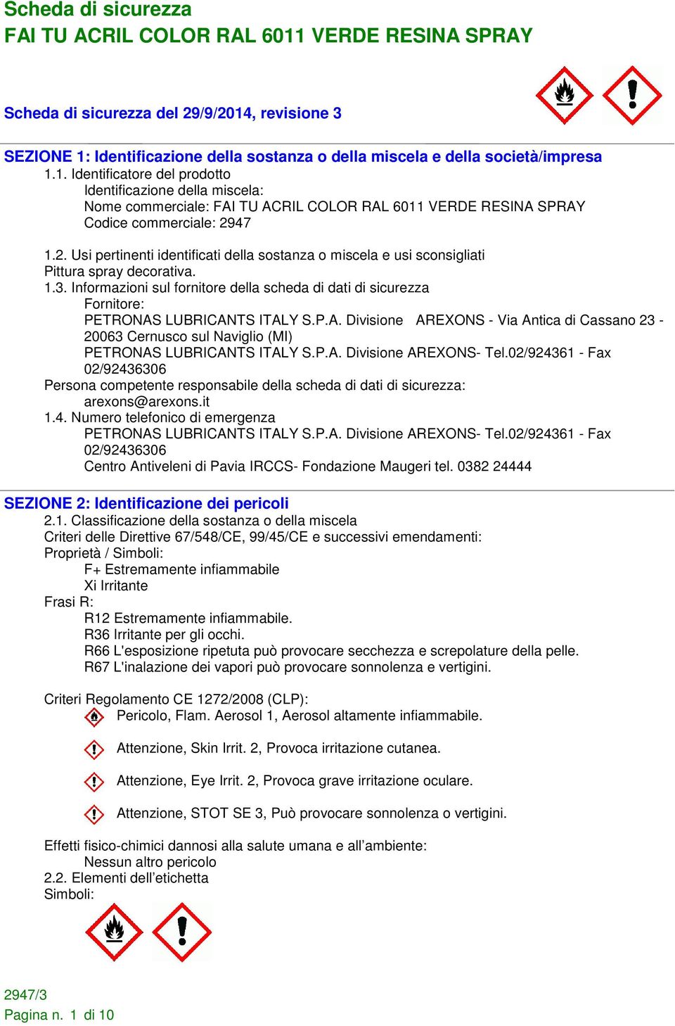 Informazioni sul fornitore della scheda di dati di sicurezza Fornitore: PETRONAS LUBRICANTS ITALY S.P.A. Divisione AREXONS - Via Antica di Cassano 23-20063 Cernusco sul Naviglio (MI) PETRONAS LUBRICANTS ITALY S.