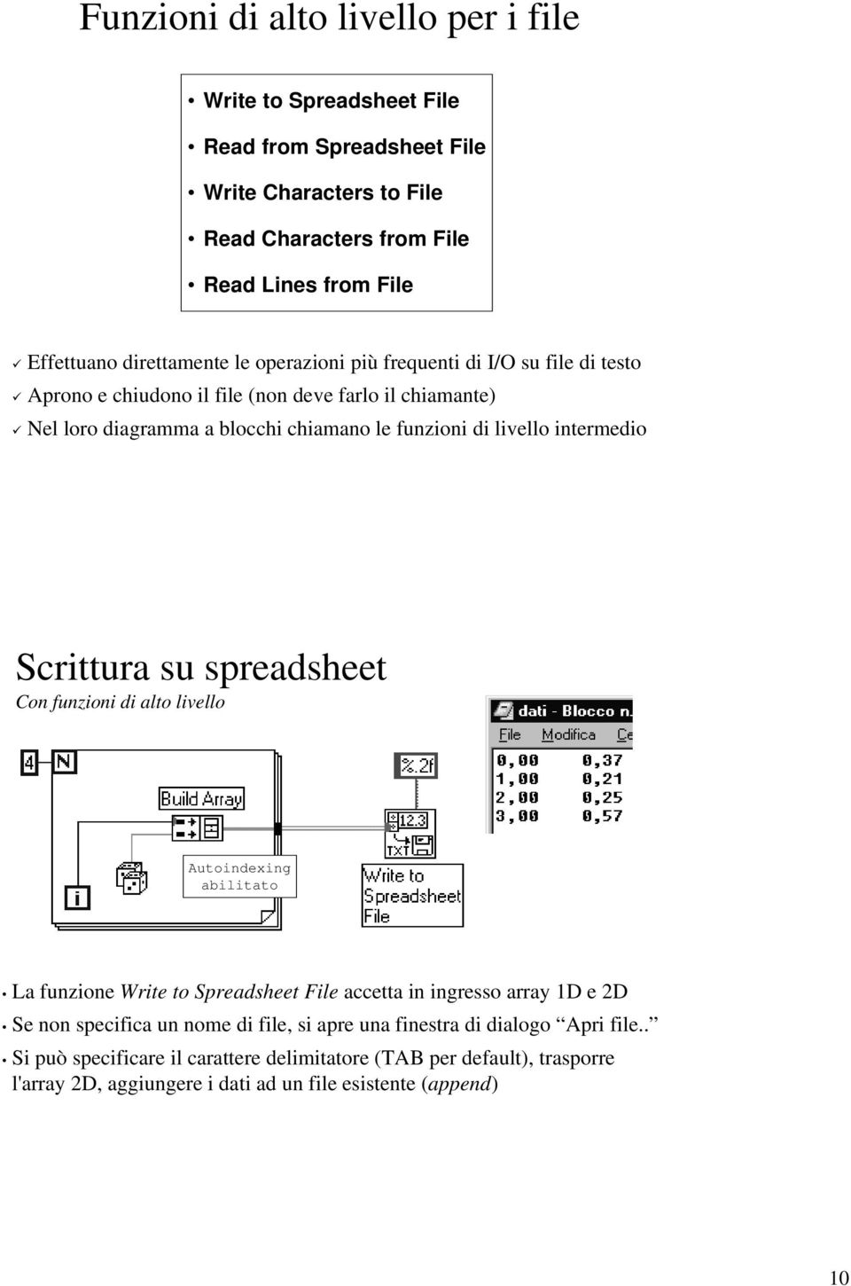 intermedio Scrittura su spreadsheet Con funzioni di alto livello Autoindexing abilitato La funzione Write to Spreadsheet File accetta in ingresso array 1D e 2D Se non specifica un