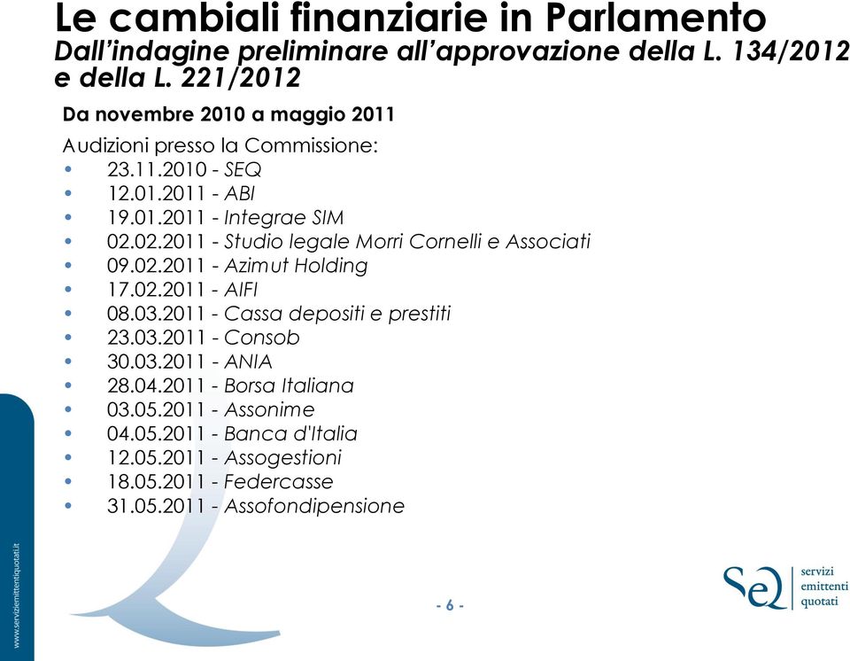 02.2011 - Studio legale Morri Cornelli e Associati 09.02.2011 - Azimut Holding 17.02.2011 - AIFI 08.03.2011 - Cassa depositi e prestiti 23.03.2011 - Consob 30.