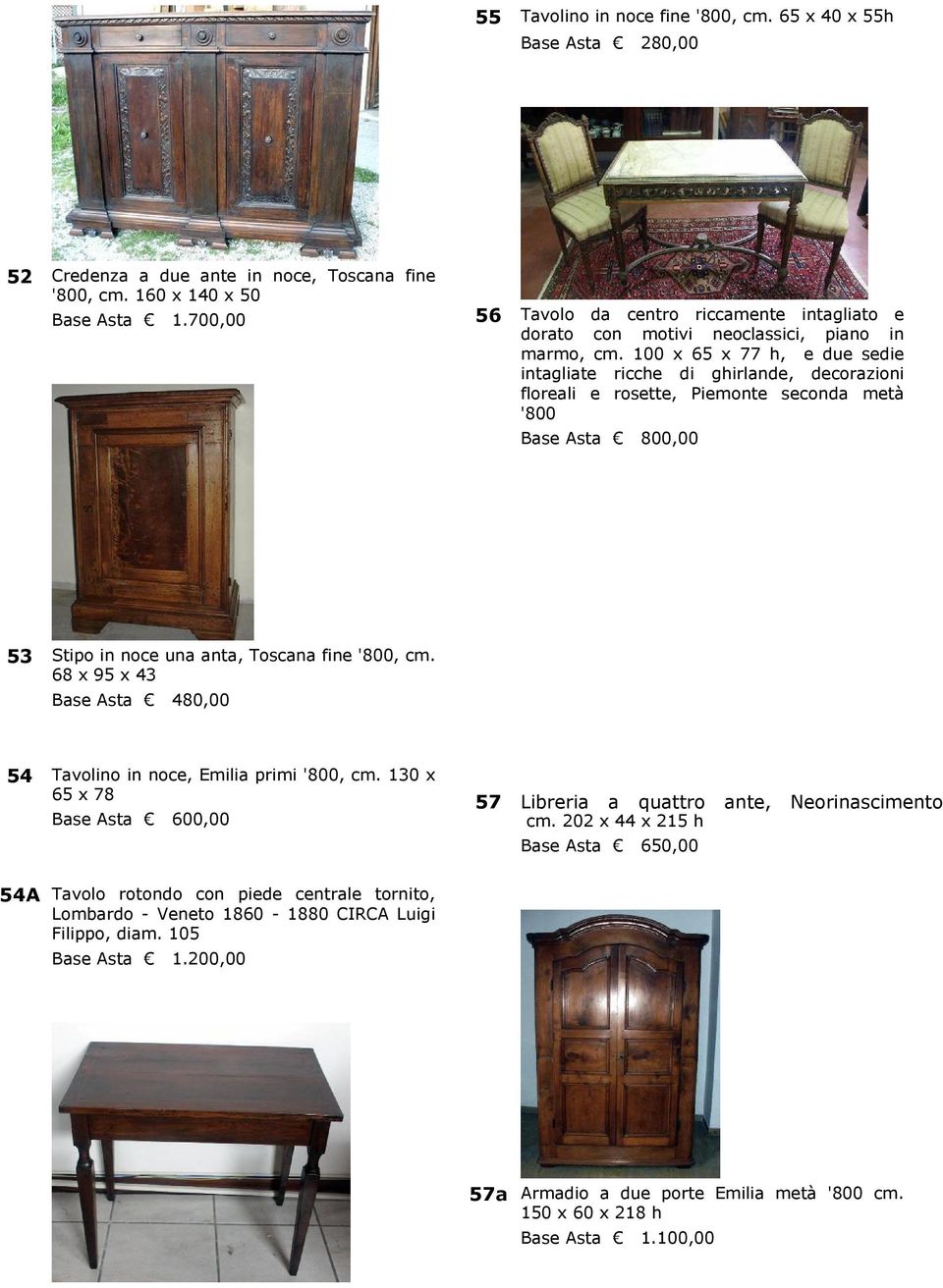 100 x 65 x 77 h, e due sedie intagliate ricche di ghirlande, decorazioni floreali e rosette, Piemonte seconda metà '800 Base Asta 800,00 53 Stipo in noce una anta, Toscana fine '800, cm.