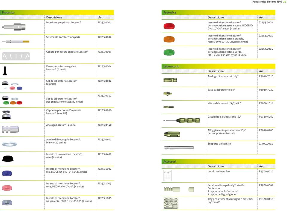 0003 Inserto di ritenzione Locator per angolazione estesa, verde, FORTE Div.: 10-20, nylon (4 unità) J2253.2004 Perno per misura angolare Locator (4 unità) J2253.0004 Laboratorio Descrizione Art.