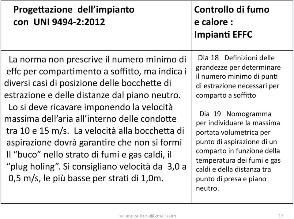 La velocità alla bocche*a di aspirazione dovrà garanrre che non si formi Il buco nello strato di fumi e gas caldi, il plug holing.