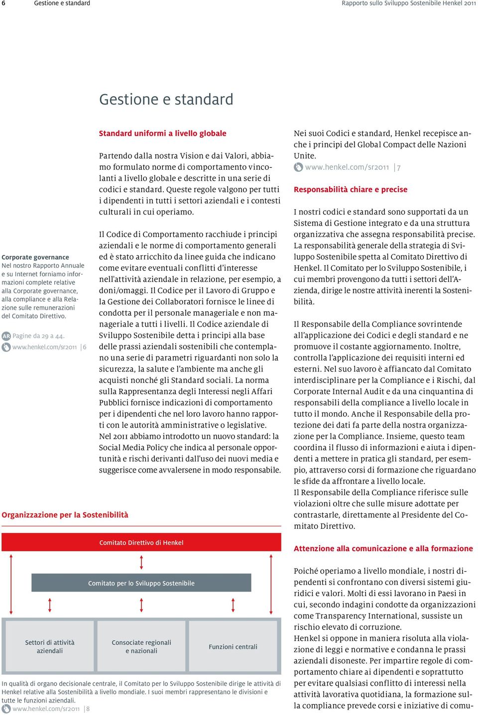 com/sr2011 6 Organizzazione per la Sostenibilità Settori di attività aziendali Standard uniformi a livello globale Partendo dalla nostra Vision e dai Valori, abbiamo formulato norme di comportamento