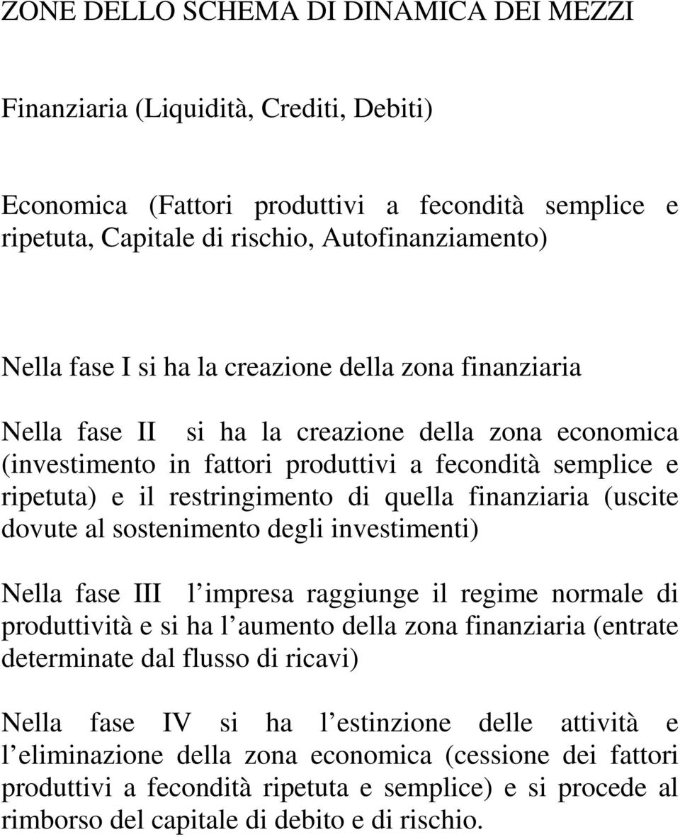 finanziaria (uscite dovute al sostenimento degli investimenti) Nella fase III l impresa raggiunge il regime normale di produttività e si ha l aumento della zona finanziaria (entrate determinate dal