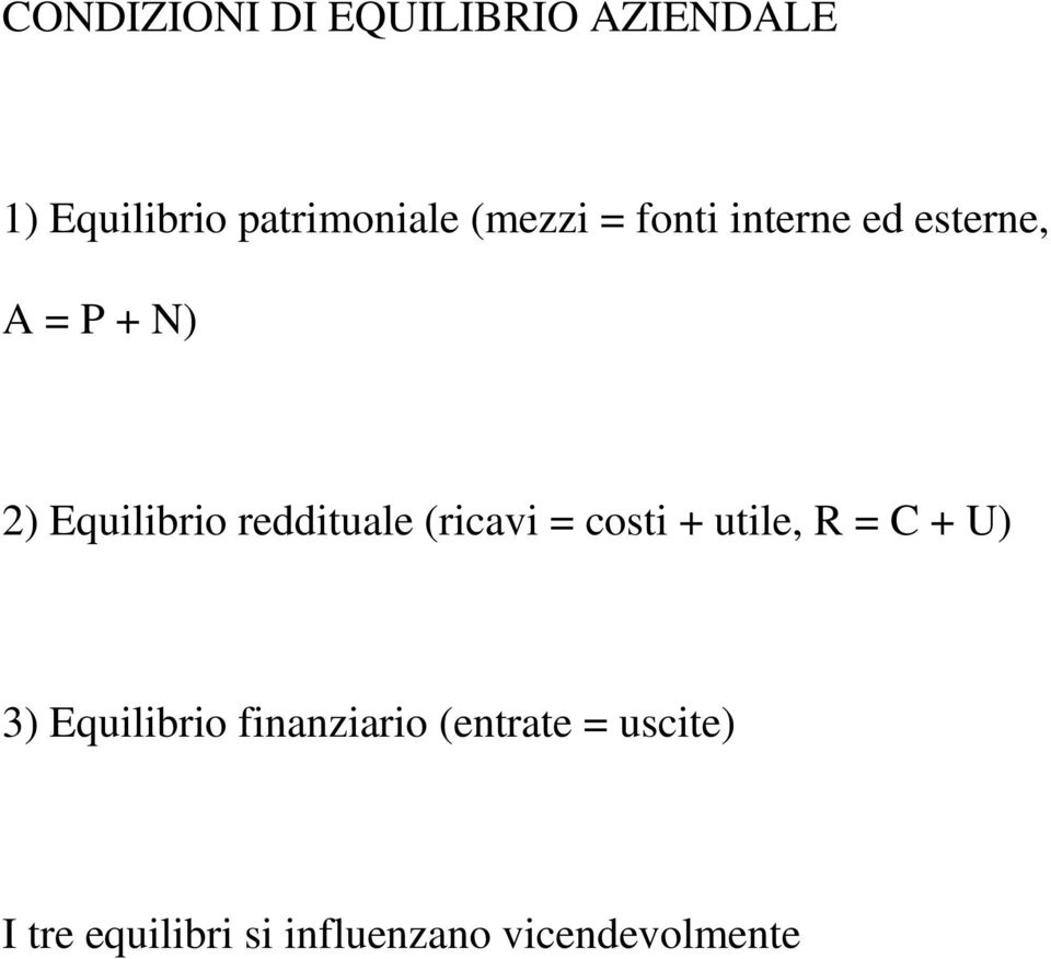 reddituale (ricavi = costi + utile, R = C + U) 3) Equilibrio