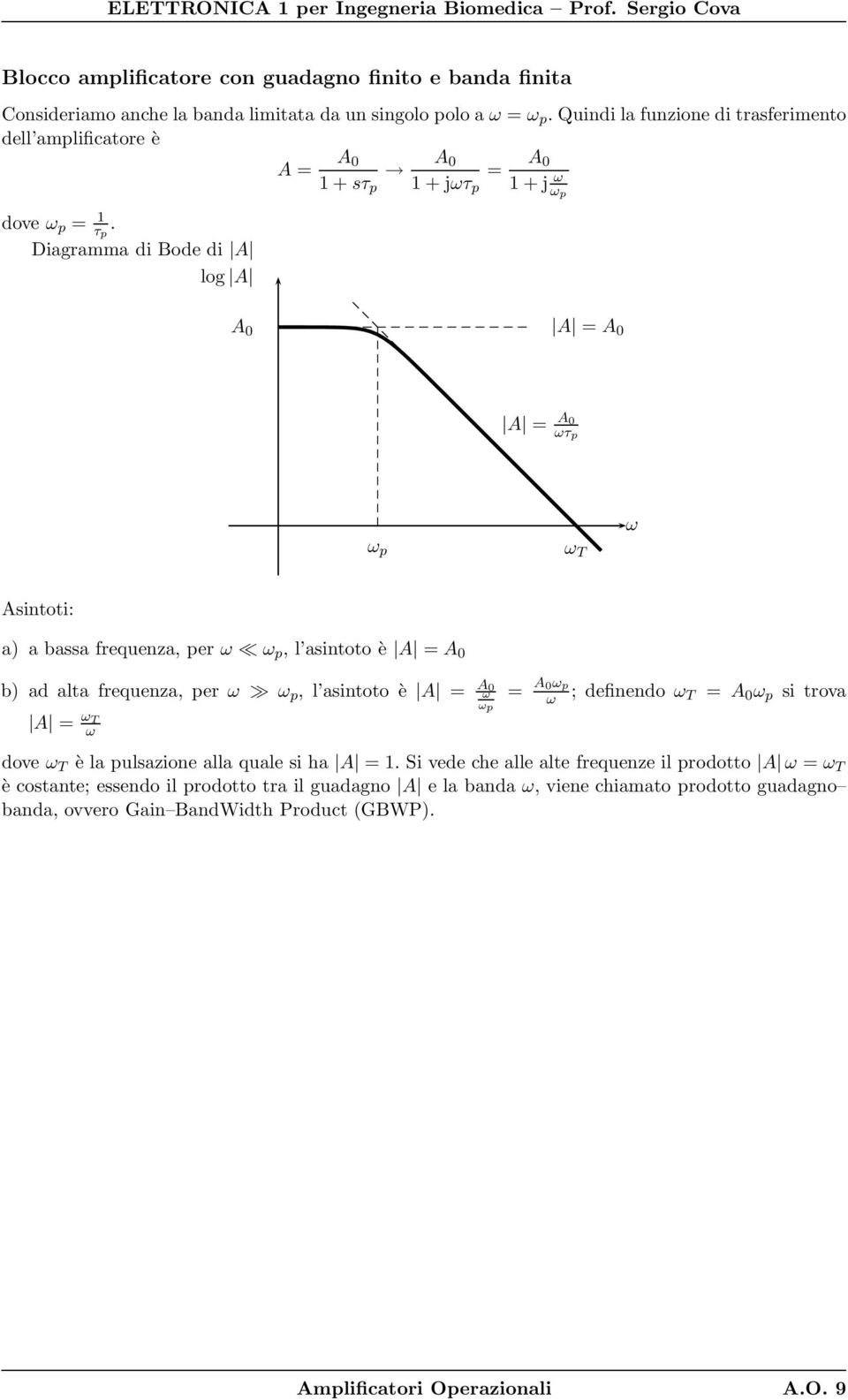 Diagramma di Bode di log 0 0 0 ωτ p ω p ω T ω sintoti: a) a bassa frequenza, per ω ω p, l asintoto è 0 b) ad alta frequenza, per ω ω p, l asintoto è 0 ω ωp 0ω p ω ; definendo ω T 0 ω