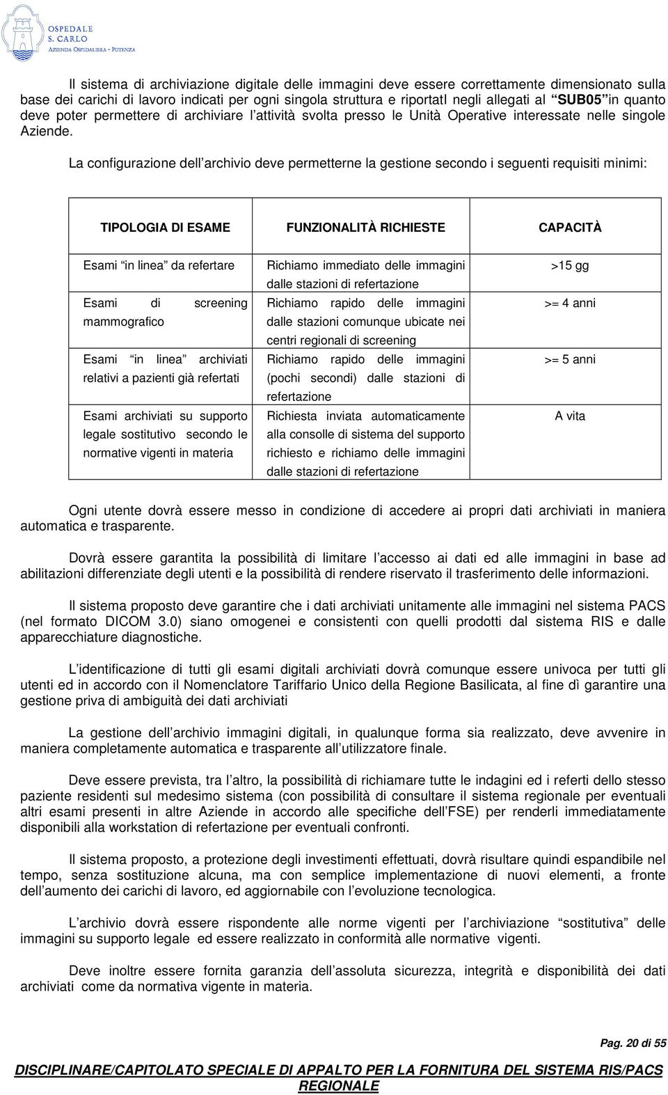 La configurazione dell archivio deve permetterne la gestione secondo i seguenti requisiti minimi: TIPOLOGIA DI ESAME FUNZIONALITÀ RICHIESTE CAPACITÀ Esami in linea da refertare Esami di screening