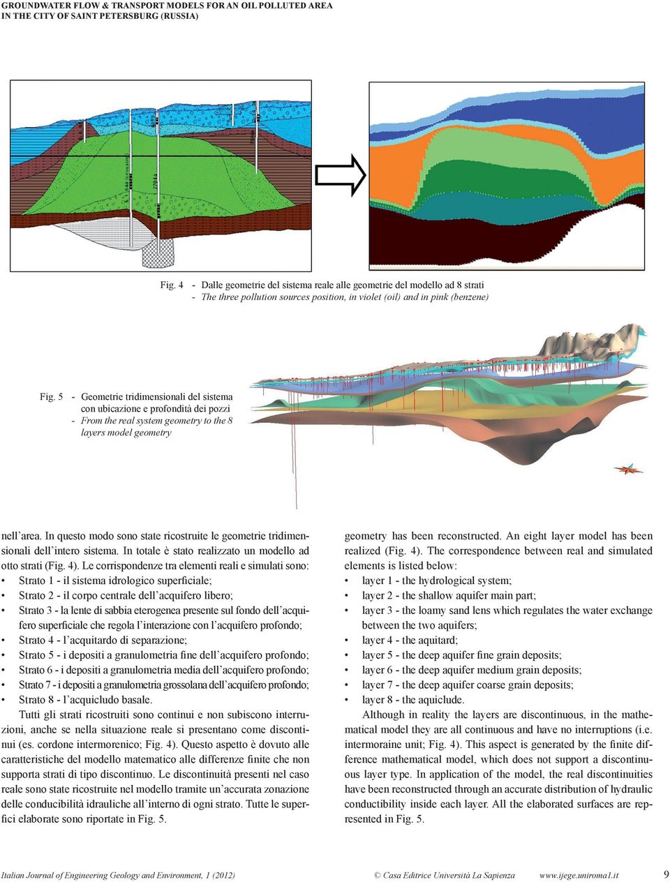 5 - Geometrie tridimensionali del sistema con ubicazione e profondità dei pozzi - From the real system geometry to the 8 layers model geometry nell area.