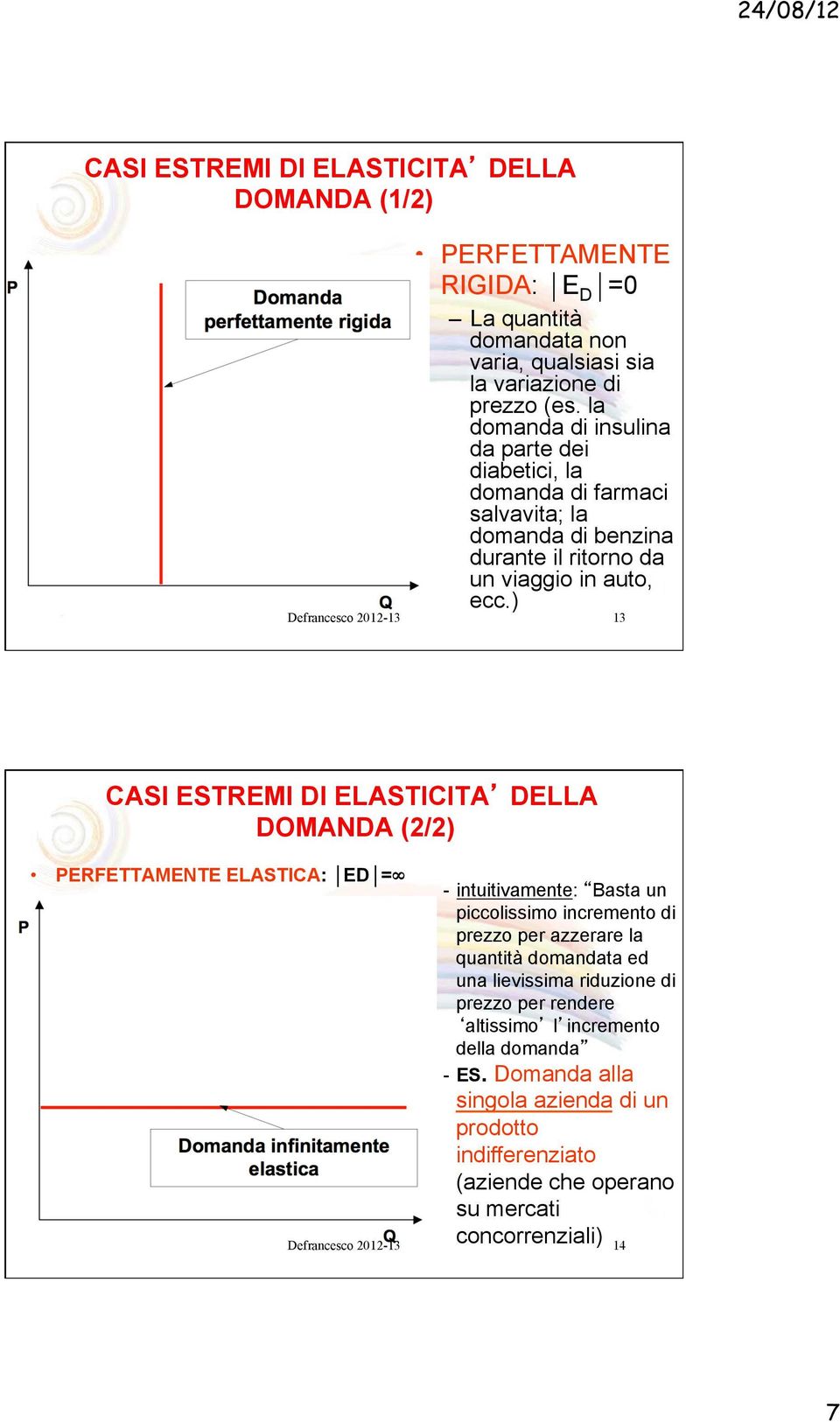 ) Defrancesco 2012-13 13 CASI ESTREMI DI ELASTICITA DELLA DOMANDA (2/2) ERFETTAMENTE ELASTICA: ED = - intuitivamente: Basta un piccolissimo incremento di prezzo per azzerare la