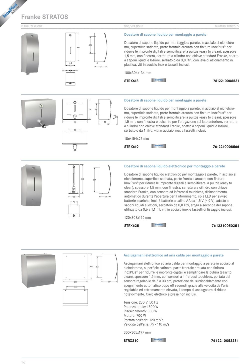 standard Franke, adatto a saponi liquidi e lozioni, serbatoio da 0,8 litri, con leva di azionamento in plastica, viti in acciaio inox e tasselli inclusi.