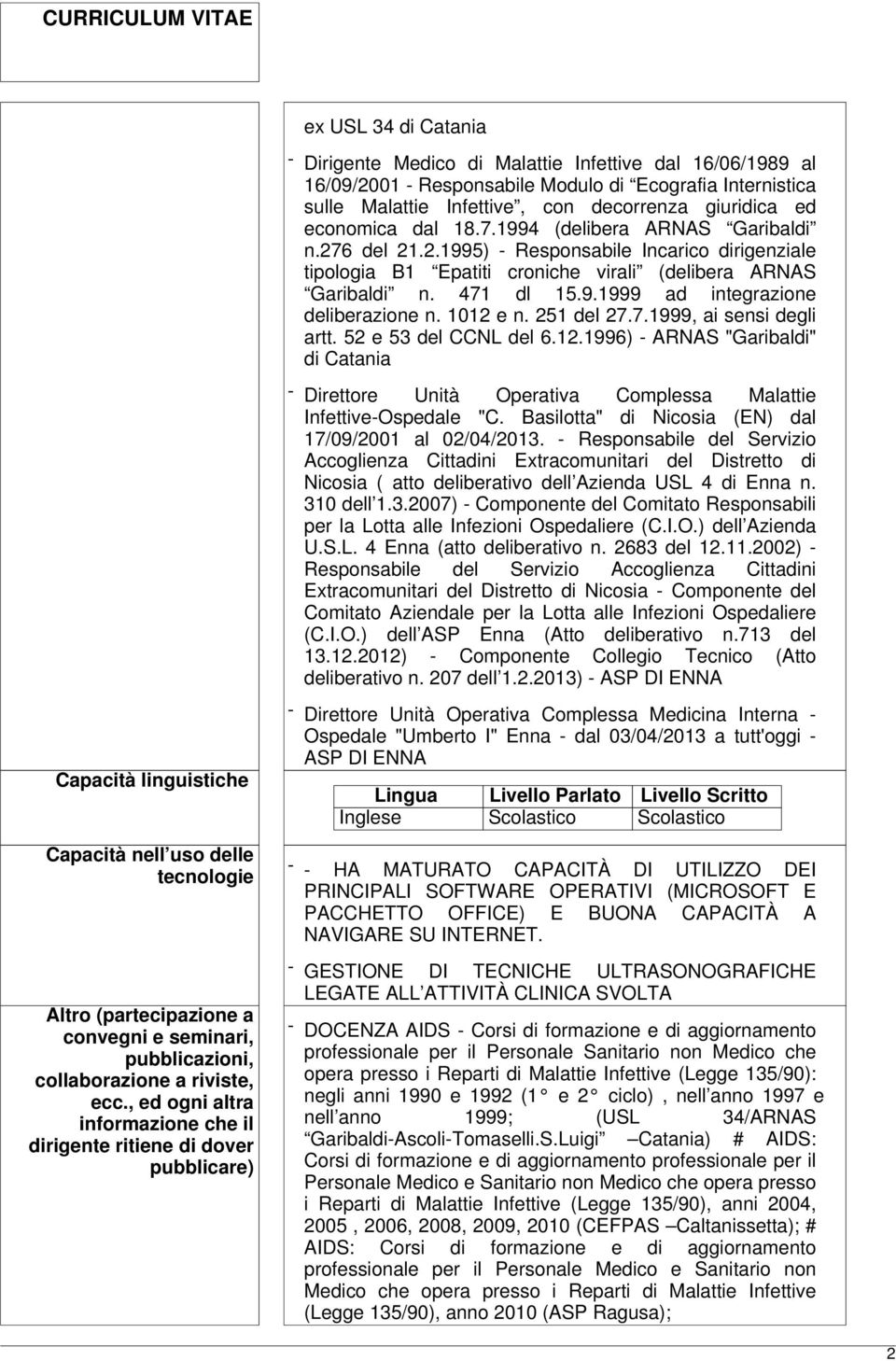 1012 e n. 251 del 27.7.1999, ai sensi degli artt. 52 e 53 del CCNL del 6.12.1996) - ARNAS "Garibaldi" di Catania - Direttore Unità Operativa Complessa Malattie Infettive-Ospedale "C.