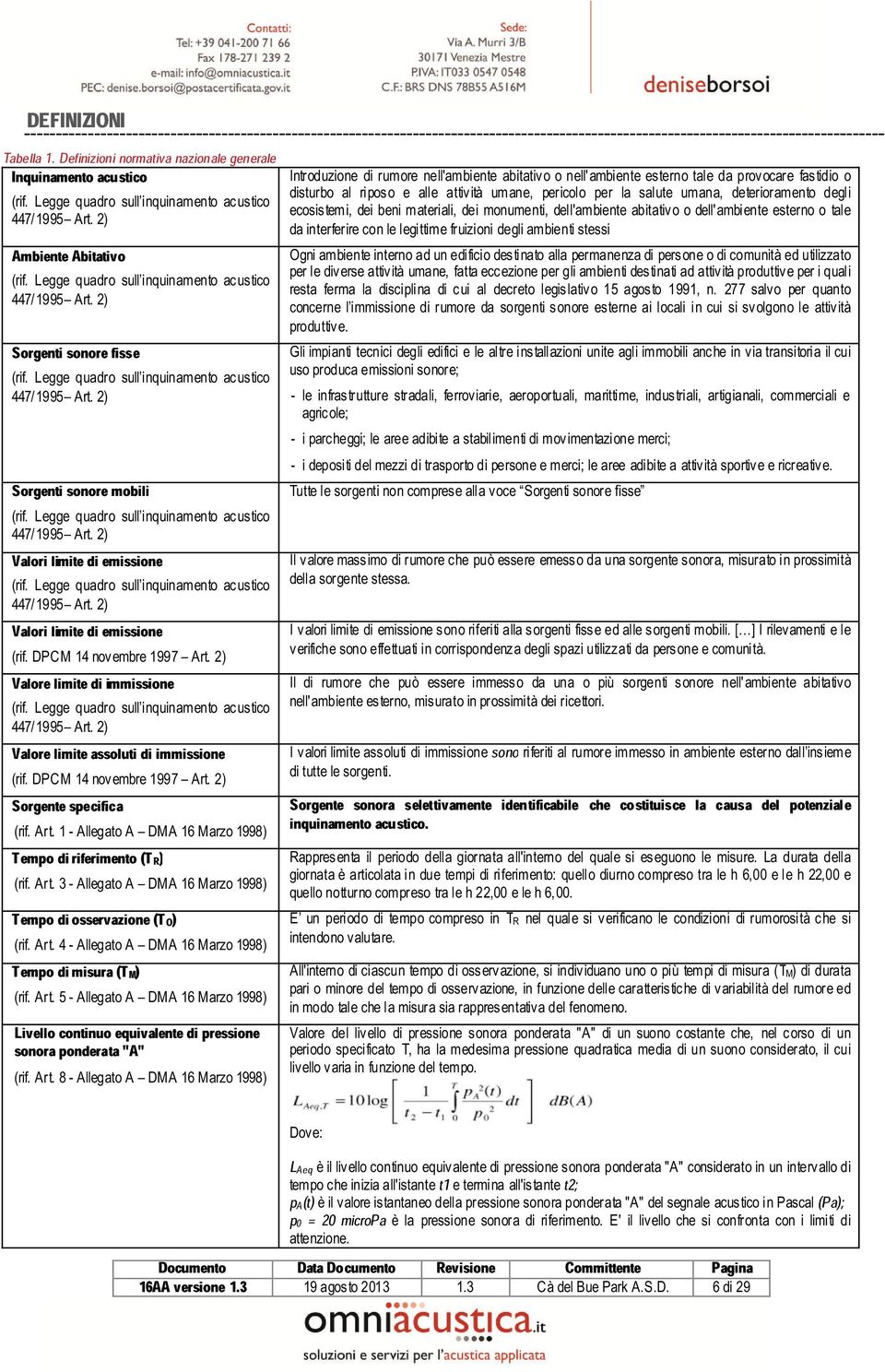 Legge quadro sull inquinamento acustico 447/1995 Art. 2) Valori limite di emissione (rif. Legge quadro sull inquinamento acustico 447/1995 Art. 2) Valori limite di emissione (rif. DPCM 14 novembre 1997 Art.