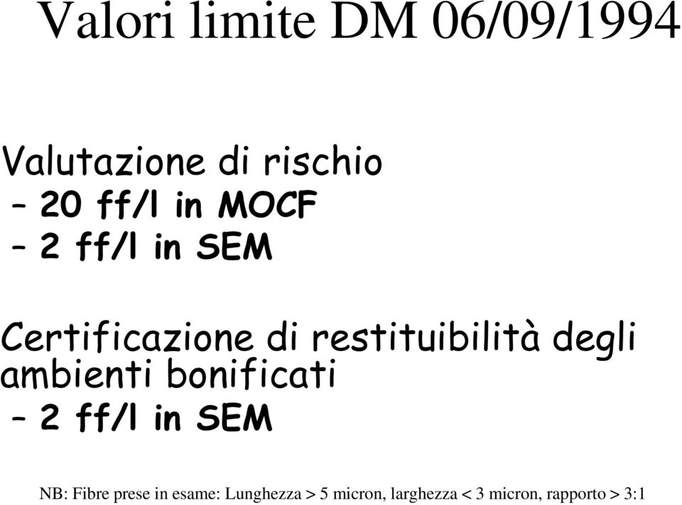 degli ambienti bonificati 2 ff/l in SEM NB: Fibre prese in