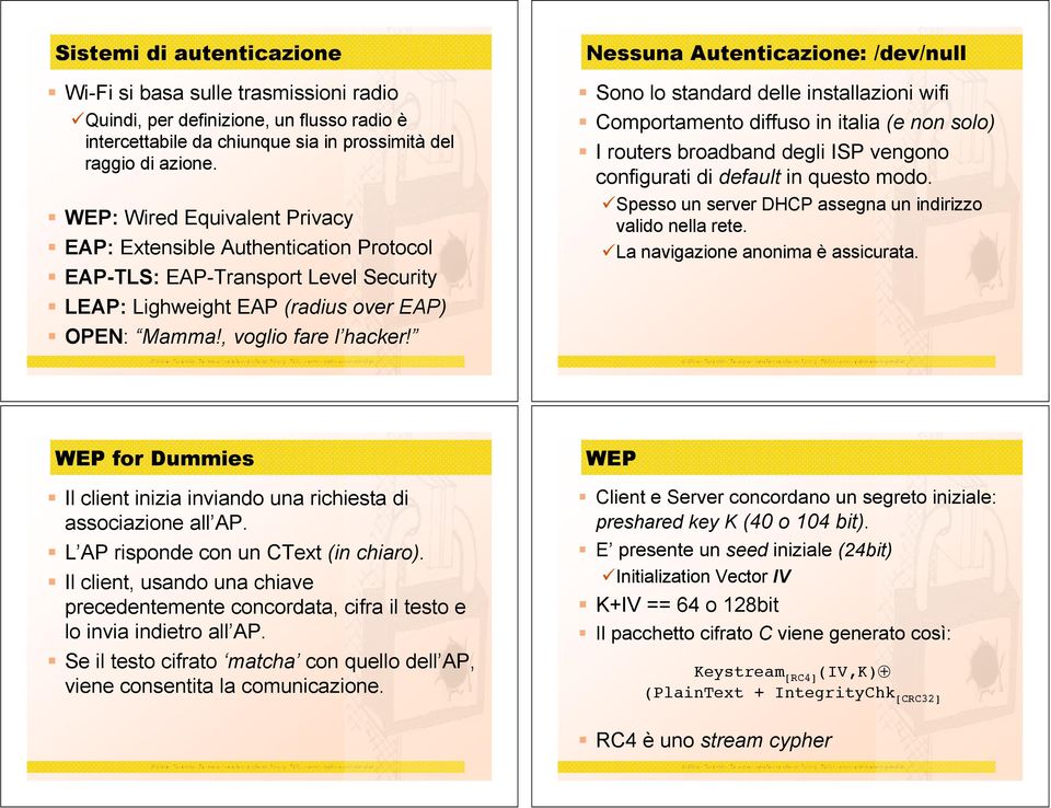 Nessuna Autenticazione: /dev/null! Sono lo standard delle installazioni wifi! Comportamento diffuso in italia (e non solo)! I routers broadband degli ISP vengono configurati di default in questo modo.