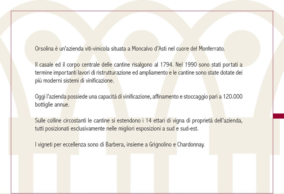 Oggi l azienda possiede una capacità di vinificazione, affinamento e stoccaggio pari a 120.000 bottiglie annue.