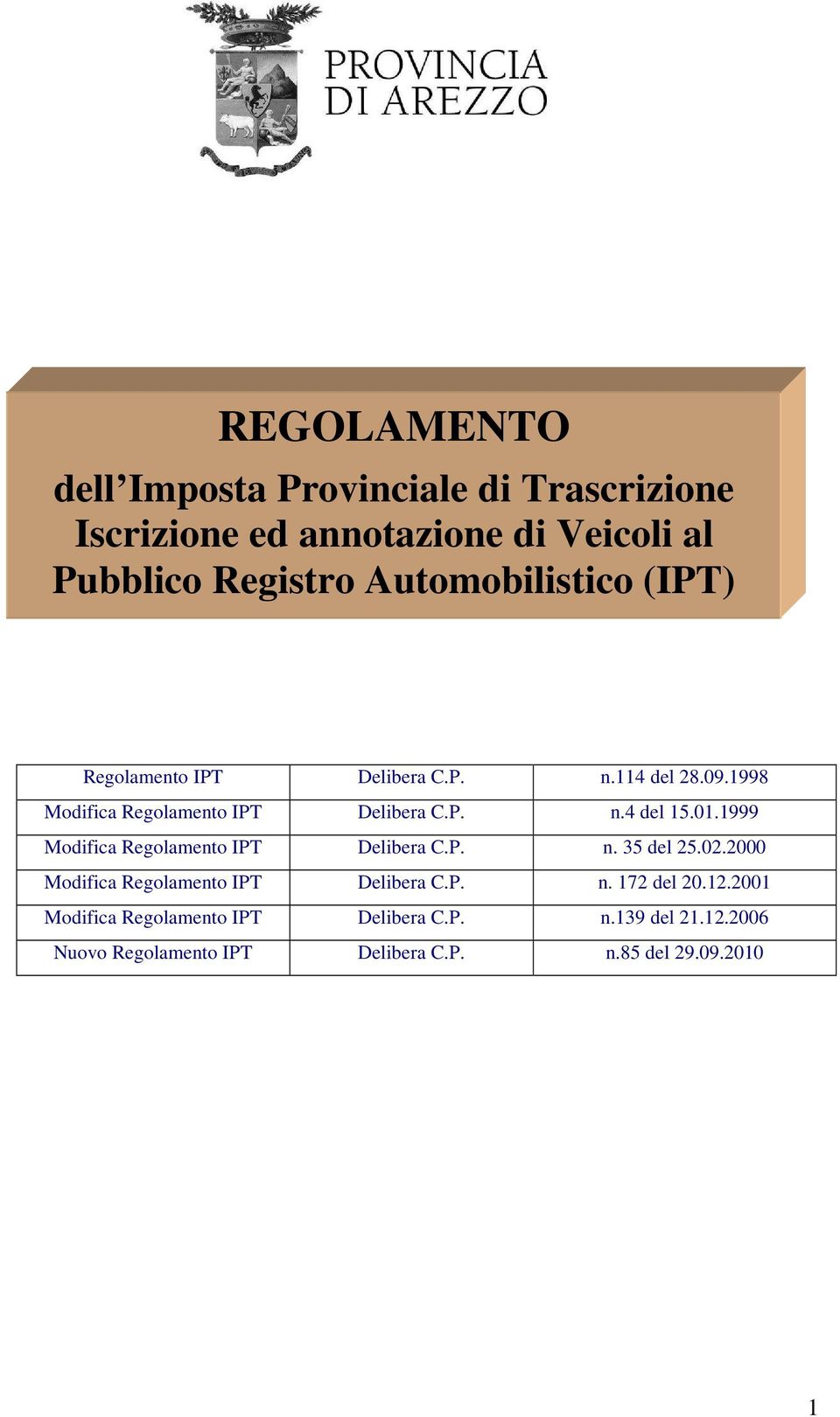 01.1999 Modifica Regolamento IPT Delibera C.P. n. 35 del 25.02.2000 Modifica Regolamento IPT Delibera C.P. n. 172 del 20.