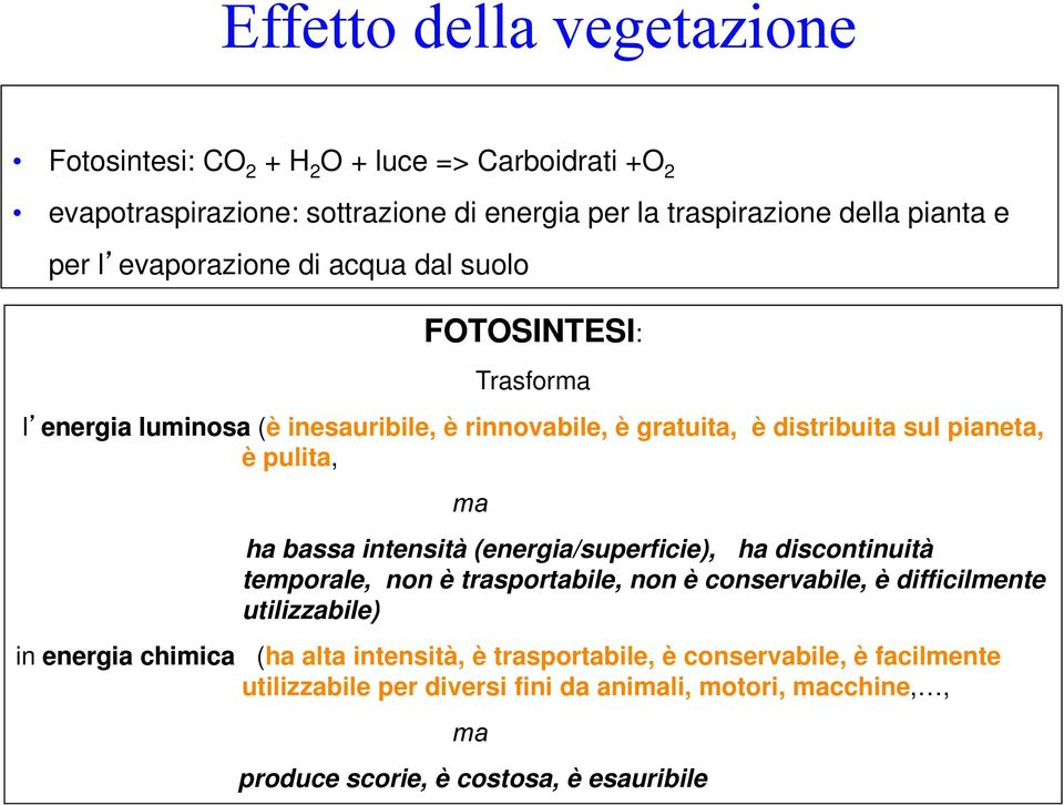 energia chimica ma ha bassa intensità (energia/superficie), ha discontinuità temporale, non è trasportabile, non è conservabile, è difficilmente utilizzabile) (ha