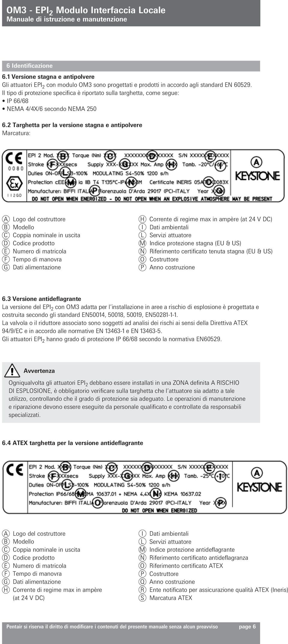 2 Targhetta per la versione stagna e antipolvere Marcatura: A Logo del costruttore B Modello C Coppia nominale in uscita D Codice prodotto E Numero di matricola F Tempo di manovra G Dati