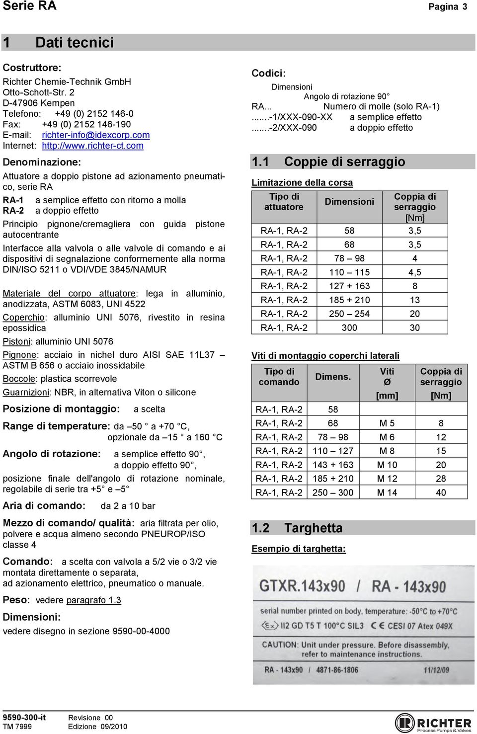 com Denominazione: Attuatore a doppio pistone ad azionamento pneumatico, serie RA RA-1 a semplice effetto con ritorno a molla RA-2 a doppio effetto Principio pignone/cremagliera con guida pistone