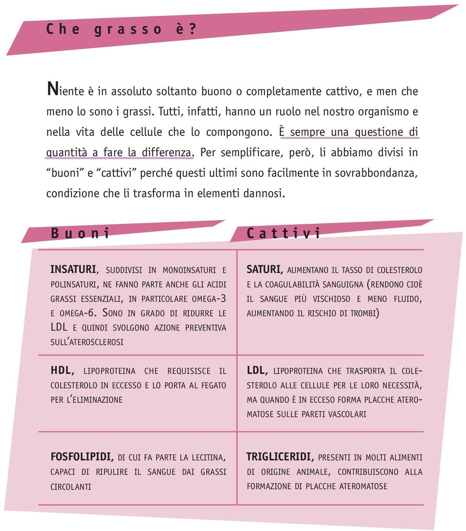 Per semplificare, però, li abbiamo divisi in buoni e cattivi perché questi ultimi sono facilmente in sovrabbondanza, condizione che li trasforma in elementi dannosi.