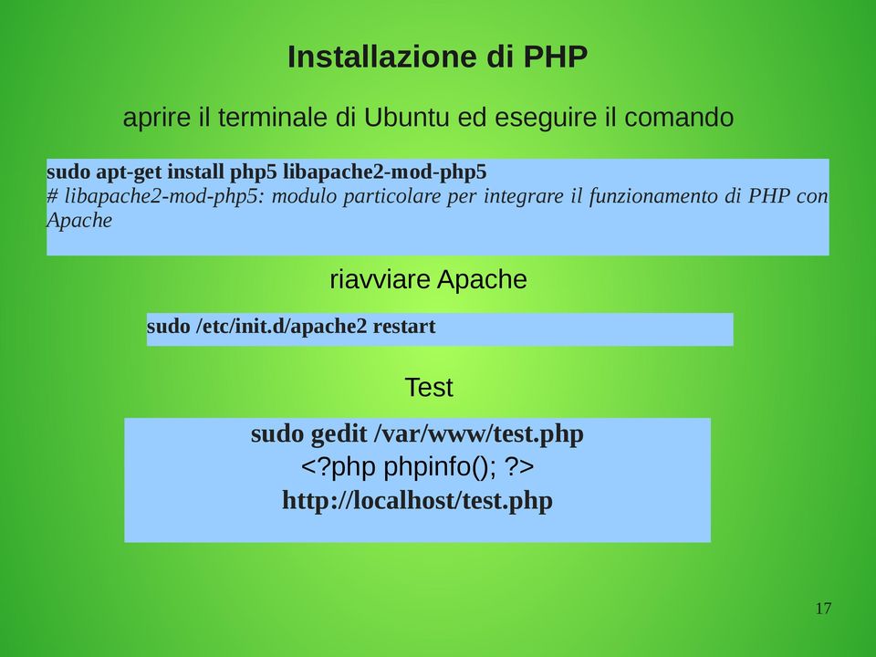 per integrare il funzionamento di PHP con Apache riavviare Apache sudo /etc/init.