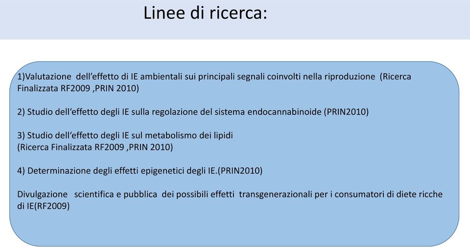 dell effetto degli IE sul metabolismo dei lipidi (Ricerca Finalizzata RF2009,PRIN 2010) 4) Determinazione degli effetti epigenetici