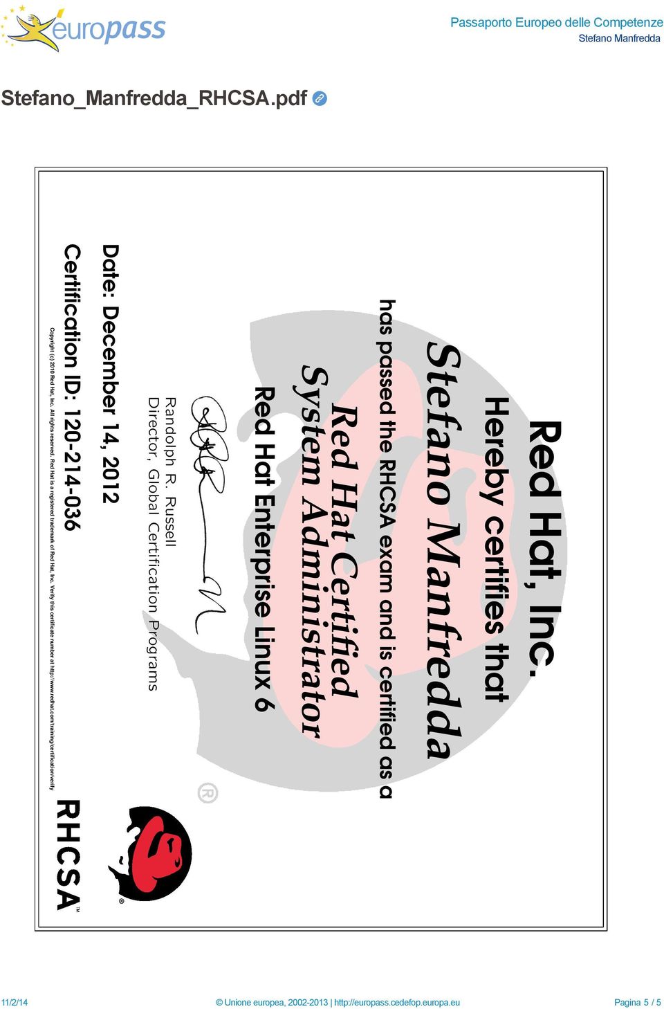 Russell Director, Global Certification Programs Date: December 14, 2012 Certification ID: 120-214-036 Copyright (c) 2010 Red Hat, Inc.