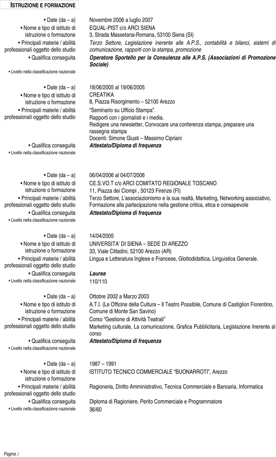 P.S. (Associazioni di Promozione Sociale) Date (da a) 18/06/2005 al 19/06/2005 Nome e tipo di istituto di CREATIKA istruzione o formazione 8, Piazza Risorgimento 52100 Arezzo Principali materie /