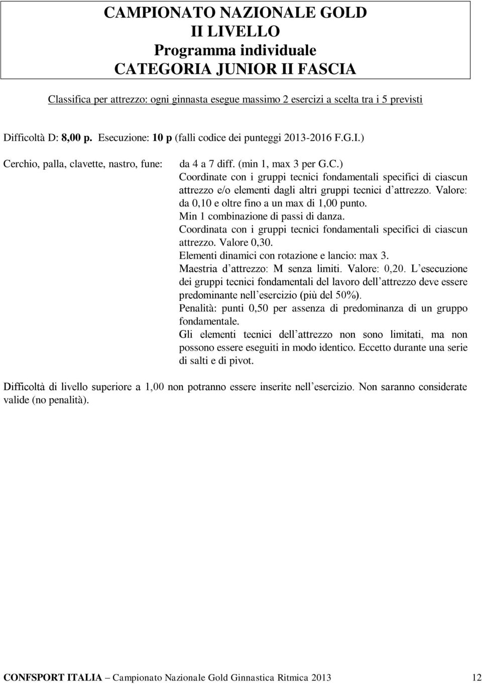 Valore: da 0,10 e oltre fino a un max di 1,00 punto. Min 1 combinazione di passi di danza. Coordinata con i gruppi tecnici fondamentali specifici di ciascun attrezzo. Valore 0,30.