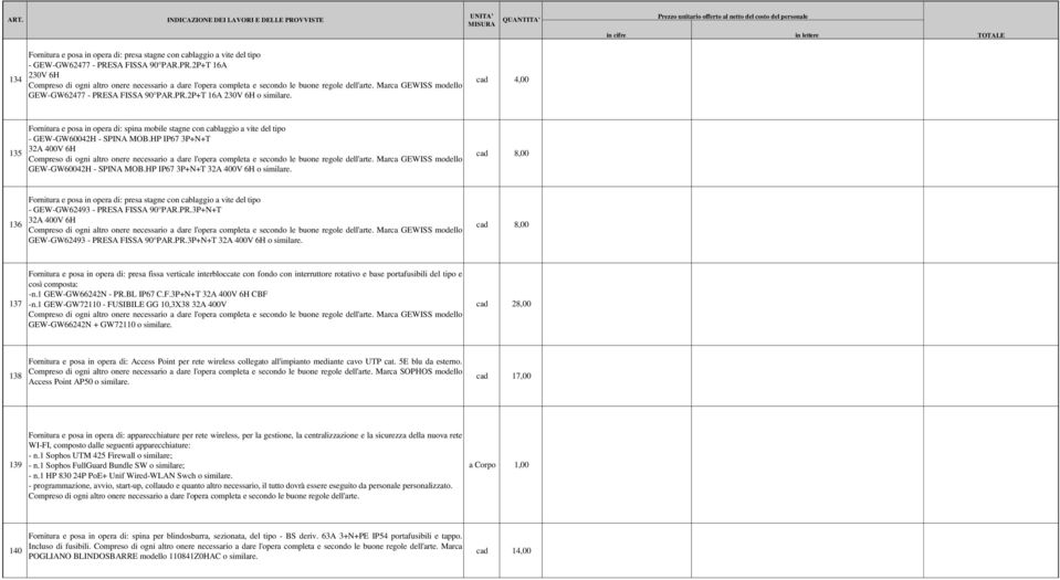 cad 4,00 135 Fornitura e posa in opera di: spina mobile stagne con cablaggio a vite del tipo - GEW-GW60042H - SPINA MOB.