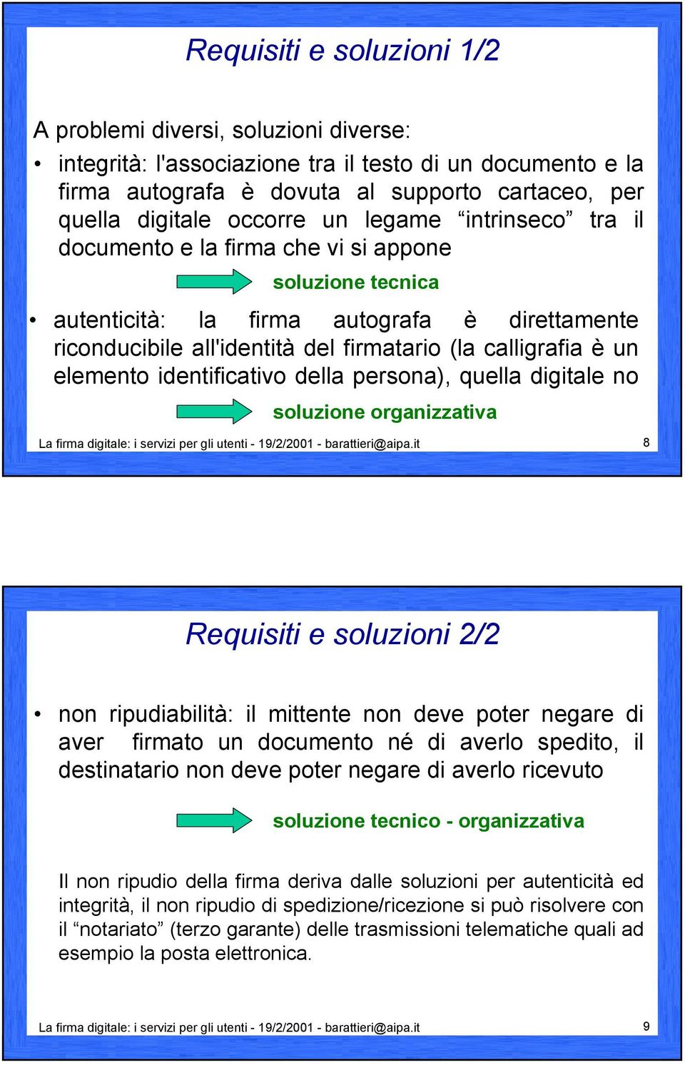 elemento identificativo della persona), quella digitale no soluzione organizzativa La firma digitale: i servizi per gli utenti - 19/2/2001 - barattieri@aipa.