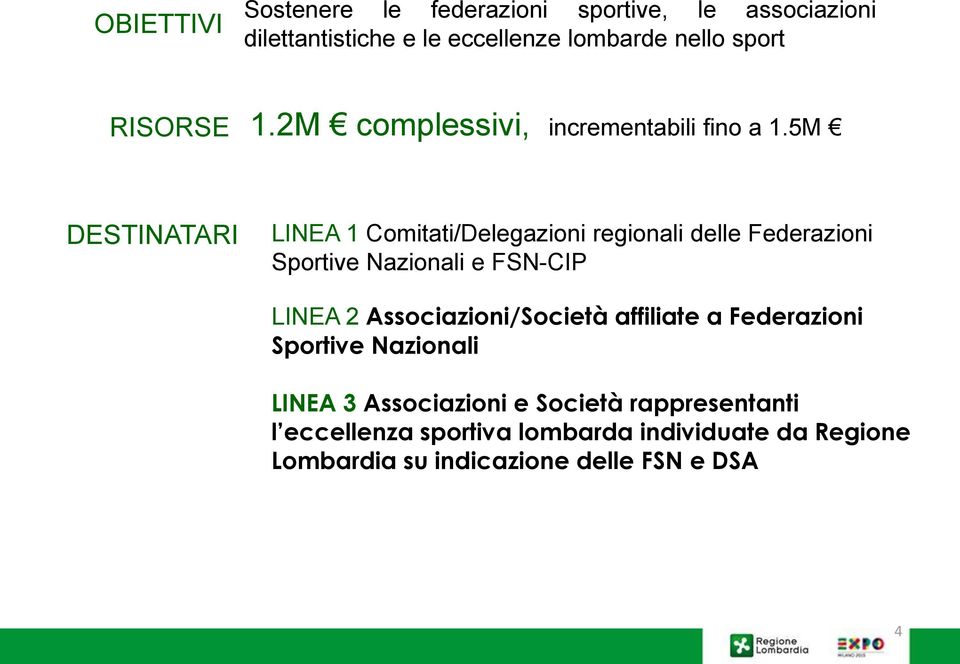 5M DESTINATARI LINEA 1 Comitati/Delegazioni regionali delle Federazioni Sportive Nazionali e FSN-CIP LINEA 2
