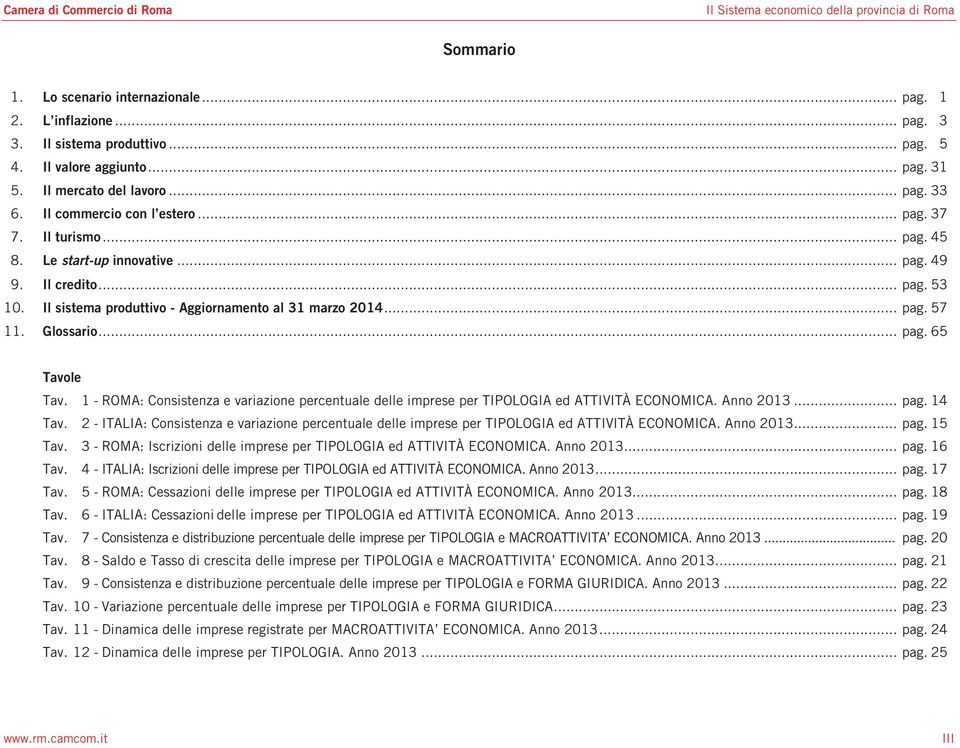 Il sistema produttivo - Aggiornamento al 31 marzo 2014... pag. 57 11. Glossario... pag. 65 Tavole Tav. 1 - ROMA: Consistenza e variazione percentuale delle imprese per TIPOLOGIA ed ATTIVITÀ ECONOMICA.