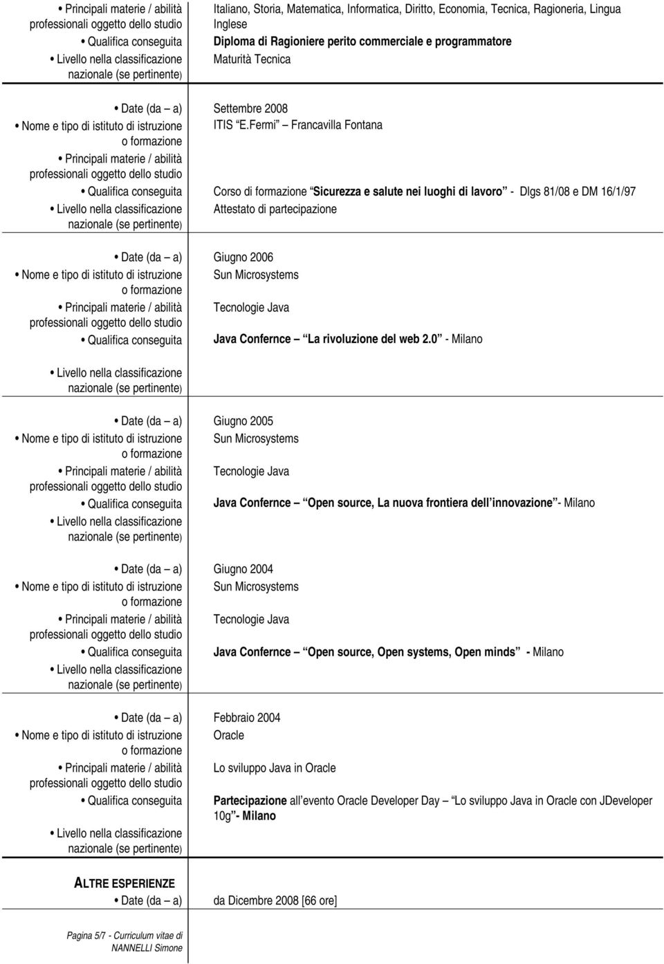 Fermi Francavilla Fontana Corso di formazione Sicurezza e salute nei luoghi di - Dlgs 81/08 e DM 16/1/97 Attestato di partecipazione Date (da a) Giugno 2006 Nome e tipo di istituto di istruzione Sun