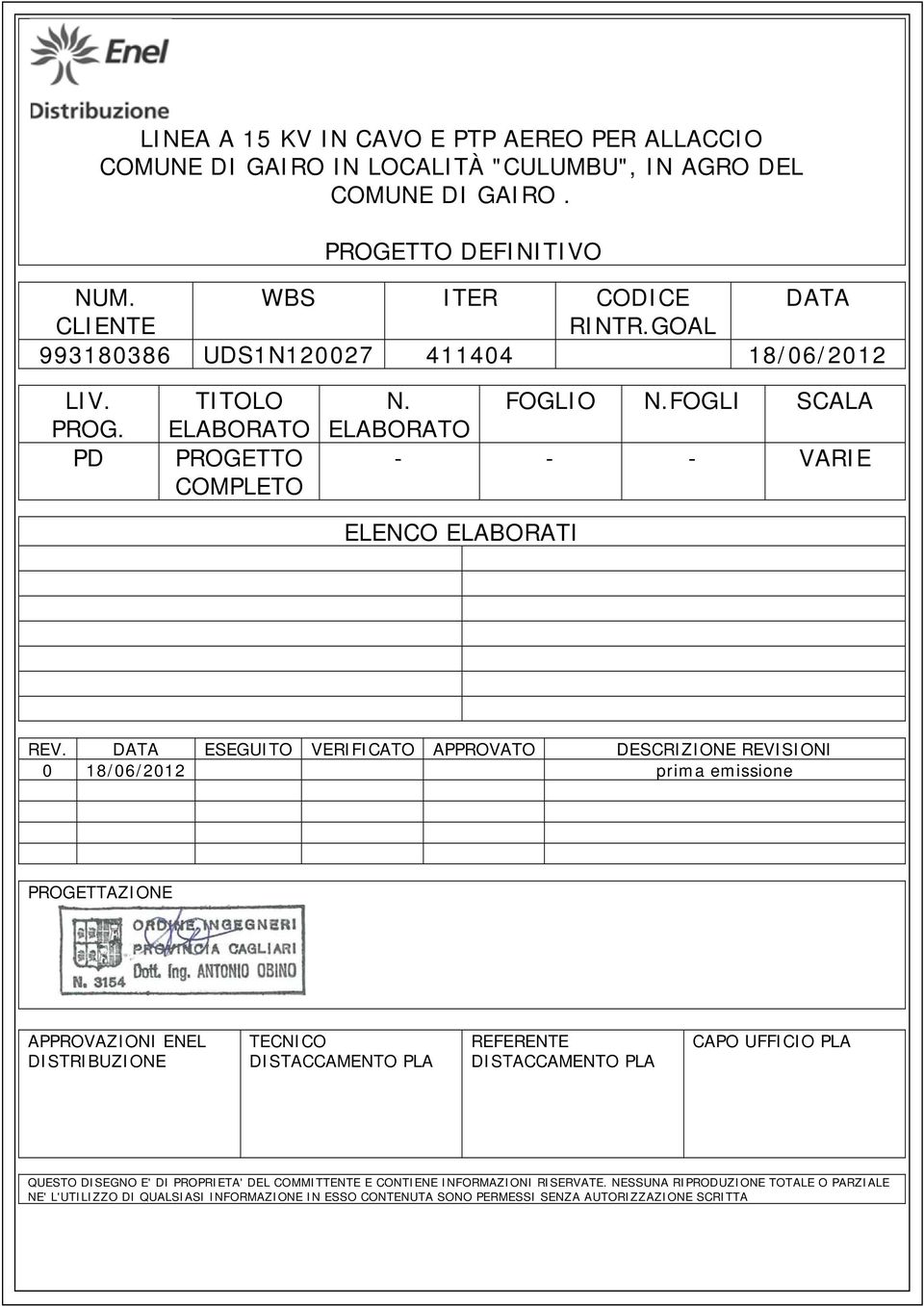 DATA ESEGUITO VERIFICATO APPROVATO DESCRIZIONE REVISIONI 0 18/06/2012 prima emissione PROGETTAZIONE APPROVAZIONI ENEL DISTRIBUZIONE TECNICO DISTACCAMENTO PLA REFERENTE DISTACCAMENTO PLA CAPO