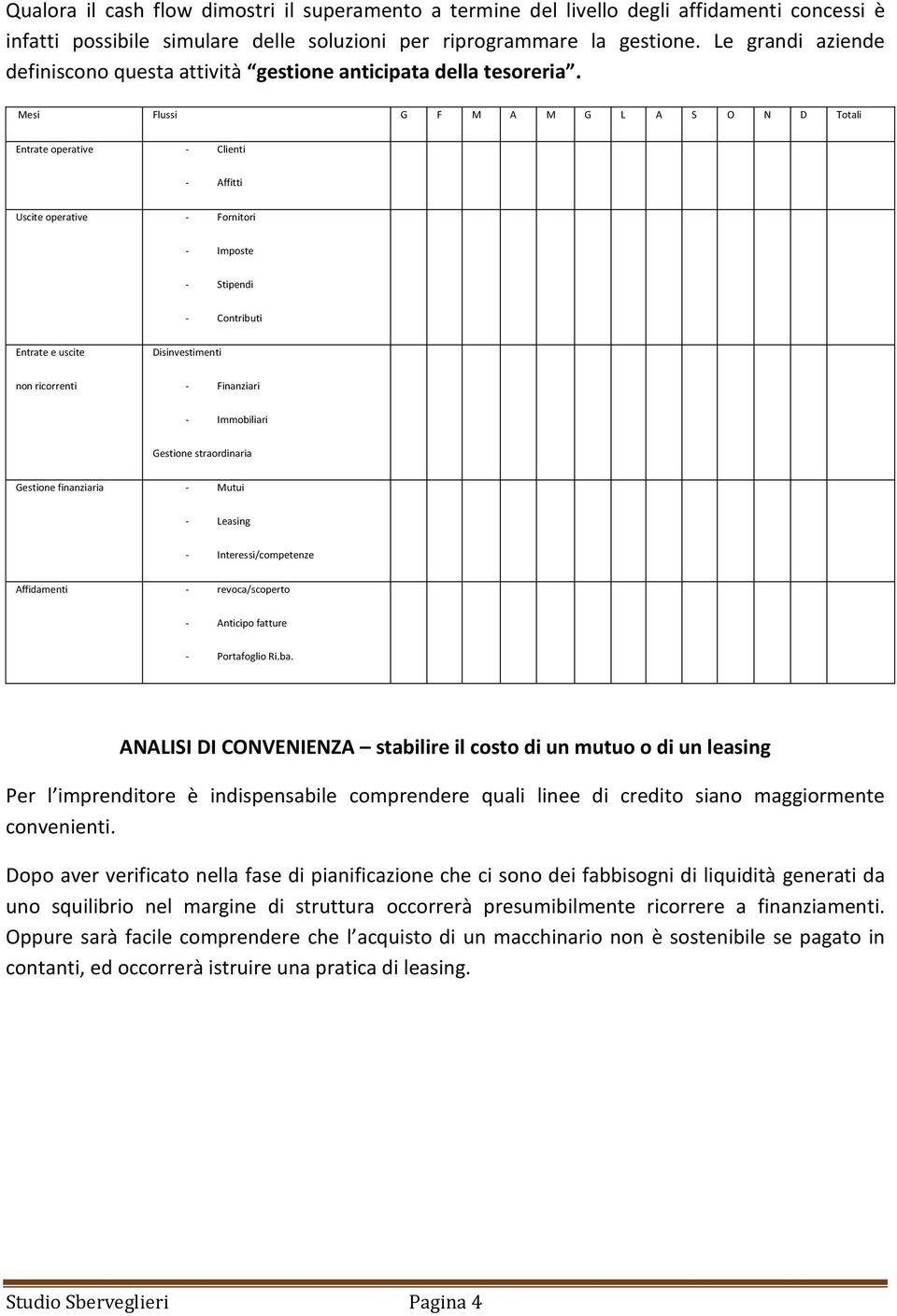 Mesi Flussi G F M A M G L A S O N D Totali Entrate operative - Clienti - Affitti Uscite operative - Fornitori - Imposte - Stipendi - Contributi Entrate e uscite Disinvestimenti non ricorrenti -