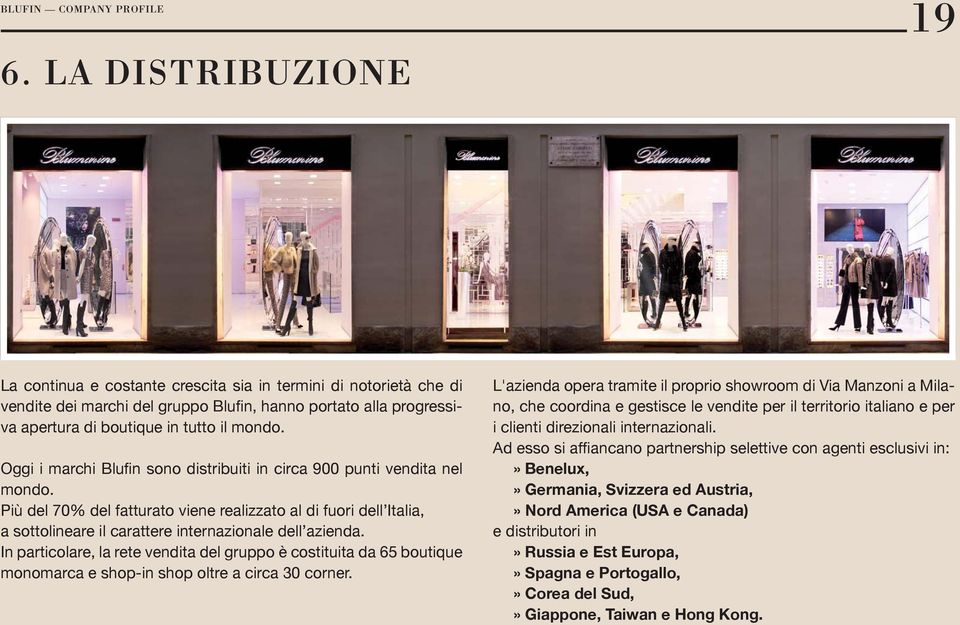 In particolare, la rete vendita del gruppo è costituita da 65 boutique monomarca e shop-in shop oltre a circa 30 corner.