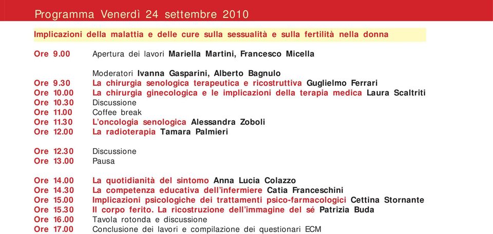 00 Apertura dei lavori Mariella Martini, Francesco Micella Moderatori Ivanna Gasparini, Alberto Bagnulo La chirurgia senologica terapeutica e ricostruttiva Guglielmo Ferrari La chirurgia ginecologica