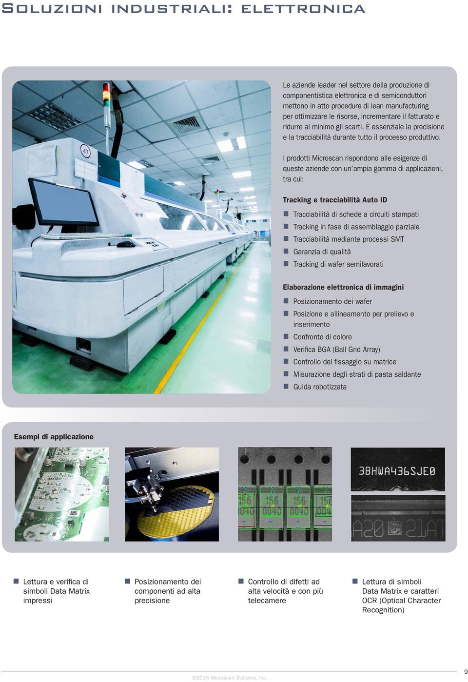 I prodotti Microscan rispondono alle esigenze di queste aziende con un ampia gamma di applicazioni, tra cui: Tracking e tracciabilità Auto ID Tracciabilità di schede a circuiti stampati Tracking in