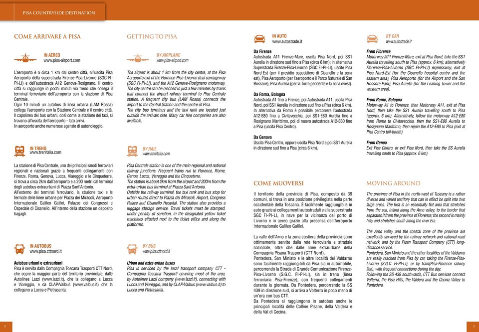 Il centro città si raggiunge in pochi minuti via treno che collega il terminal ferroviario dell aeroporto con la stazione di Pisa Centrale.