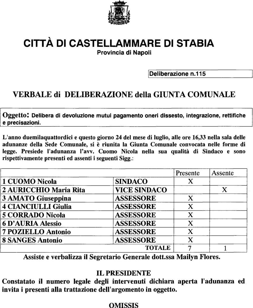 L'anno duemilaquattordici e questo giorno 24 del mese di luglio, alle ore 16,33 nella sala delle adunanze della Sede Comunale, si è riunita la Giunta Comunale convocata nelle forme di legge.