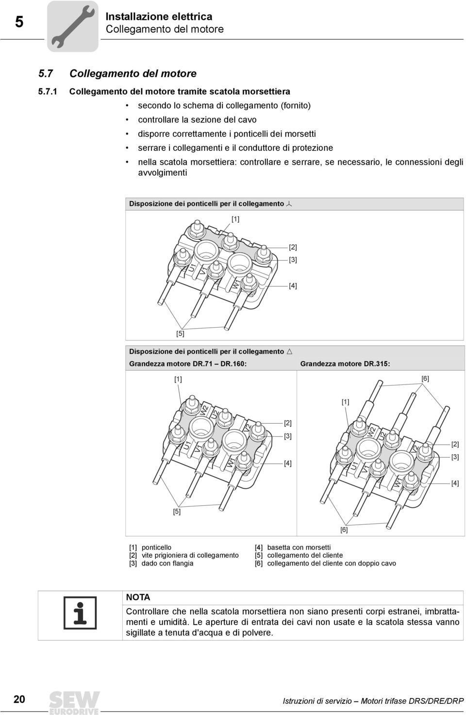 1 Collegamento del motore tramite scatola morsettiera secondo lo schema di collegamento (fornito) controllare la sezione del cavo disporre correttamente i ponticelli dei morsetti serrare i