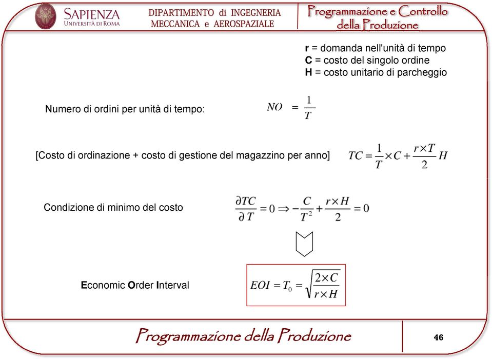 [Costo di ordinazione + costo di gestione del magazzino per anno]